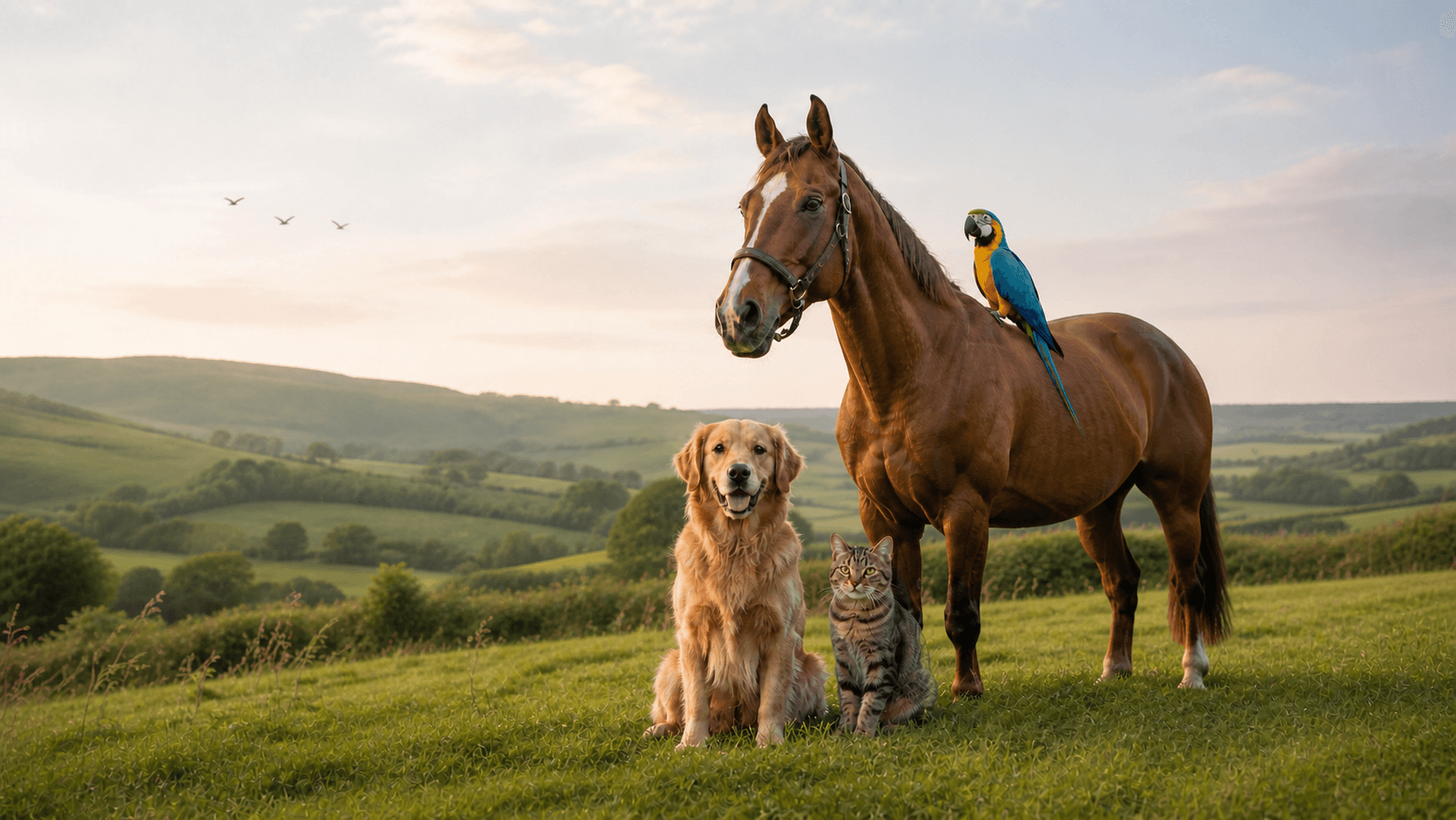 A horse, golden retriever, cat and macaw in the Irish countryside